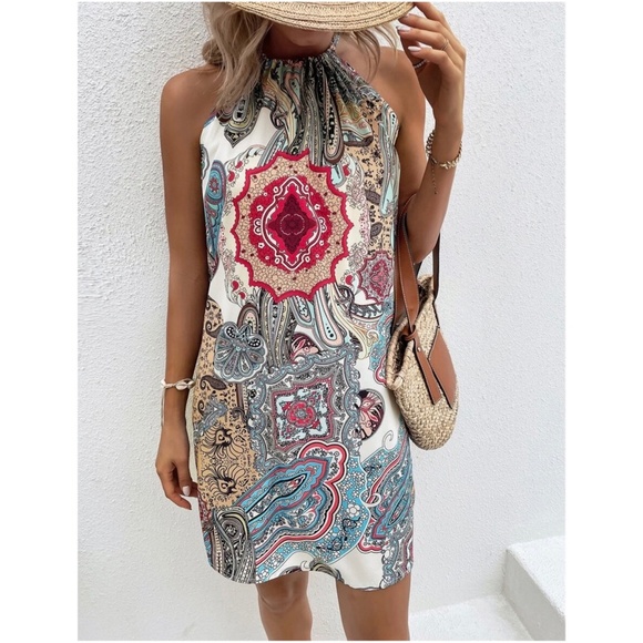 Boho Floral Paisley Halter Mini Dress - Picture 9 of 13